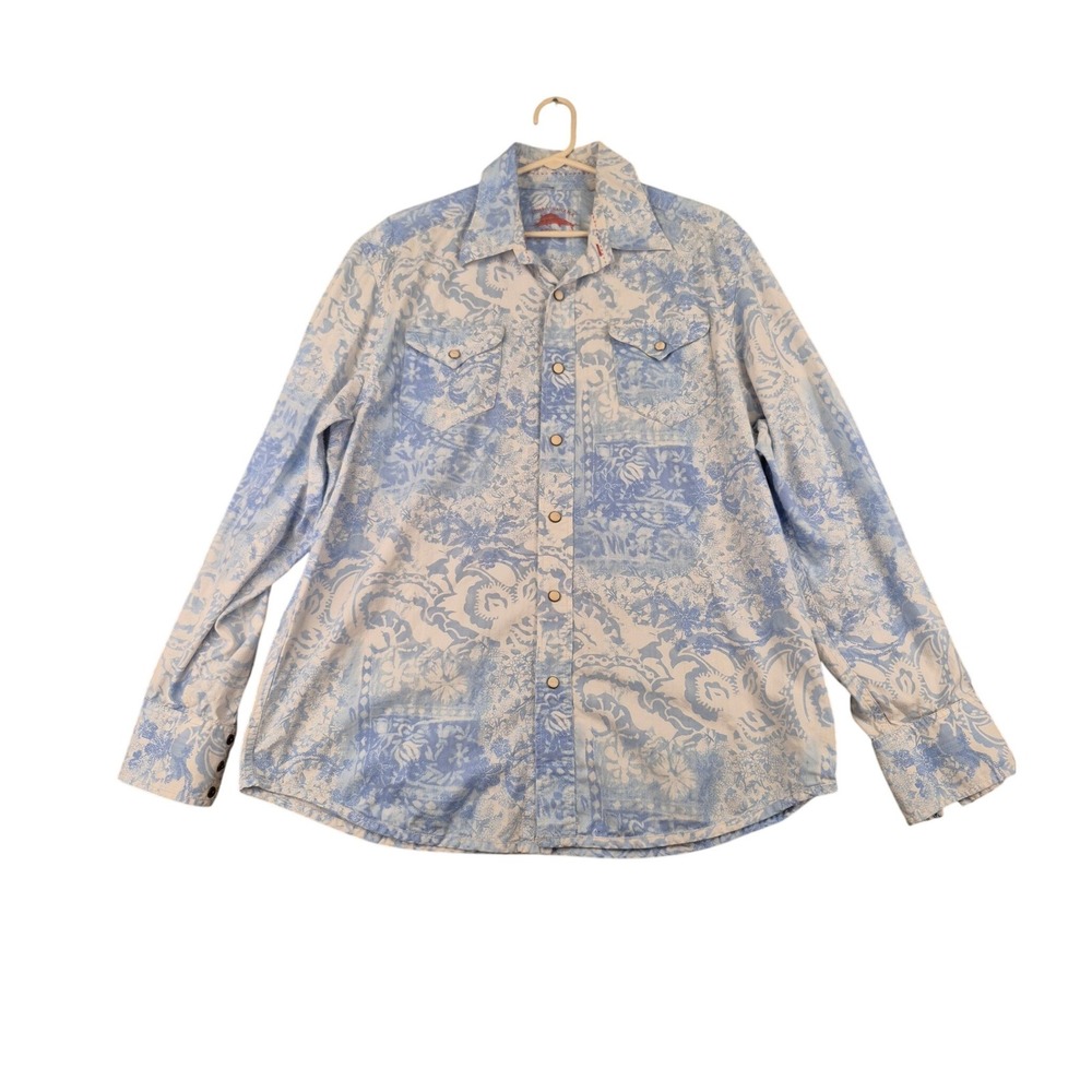 Tommy Bahama Denim Mens XL White Blue Floral Silk Blend Western Snap Shirt